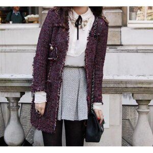 ZARA Blogger Favorite L Long Tweed Jacket Open Front Fringe Trim Military Coat
